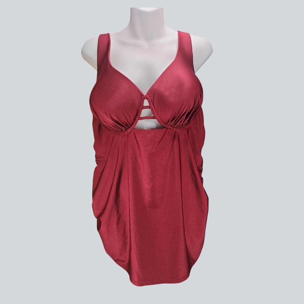 Swim By Cacique 44C Tankini Top Underwire Metallic Red Ruched Cutout Swim